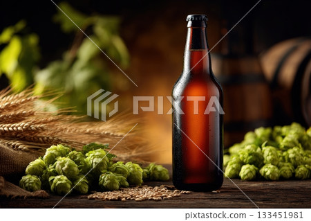 Close-Up of Beer Bottle with Fresh Hops and Barley in Cinematic Lighting 133451981
