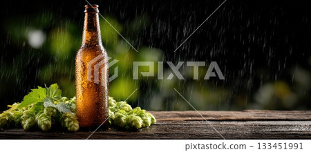 Beer Bottle with Hops and Malt on Wet Wooden Bar in Studio Setting Beer Bottle with Hops and Malt on Wet Wooden Bar in Studio Setting 133451991