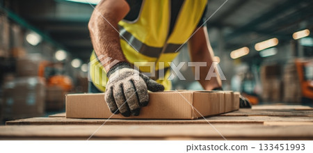 Warehouse Worker Adjusting Box on Pallet with Safety Gear in Motion 133451993