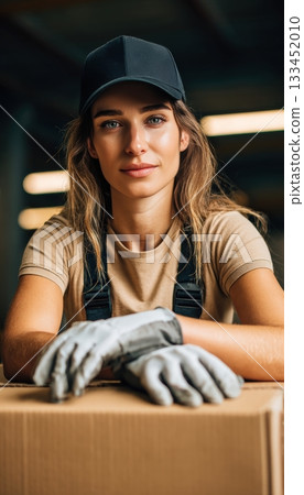 Female Logistics Worker in Warehouse with Cardboard Box 133452010