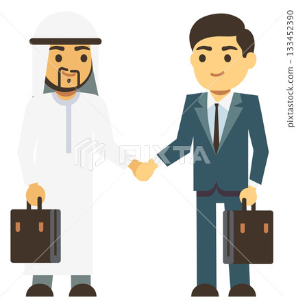 Two men shaking hands, one wearing a white robe and the other wearing a suit 133452390