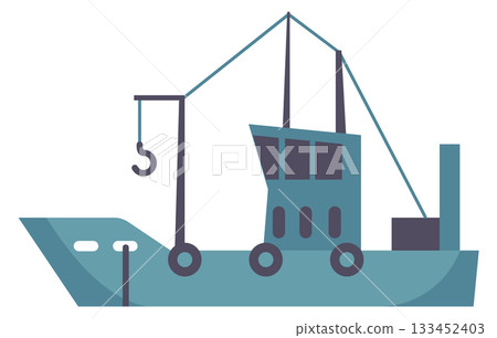 A blue boat with a crane hanging from it 133452403