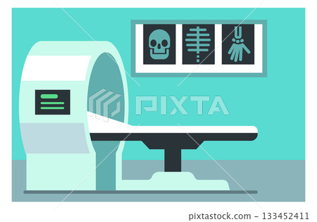 A medical room with a CT scan machine and a skull on the wall 133452411