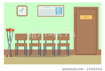 A hospital waiting room with four chairs and a clock on the wall 133452412
