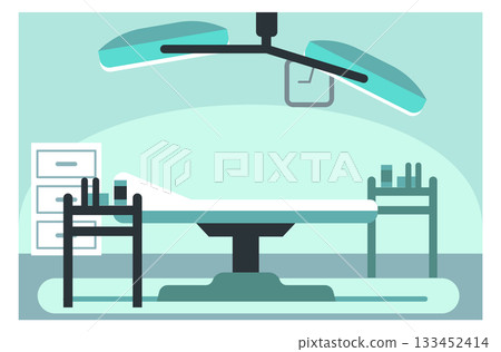 A hospital room with a bed and a surgical table A hospital room with a bed and a surgical table 133452414