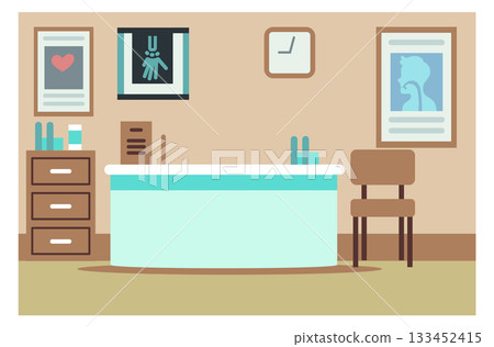A cartoon drawing of a doctor s office with a clock on the wall A cartoon drawing of a doctor s office with a clock on the wall 133452415