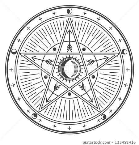 A black and white drawing of a pentagram with a crescent moon in the center A black and white drawing of a pentagram with a crescent moon in the center 133452416