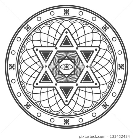 A black and white drawing of a star of david with an eye in the middle 133452424