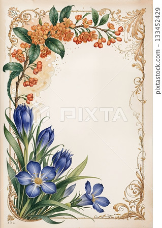 經典的藍龍膽與橘色花朵相框 133452429