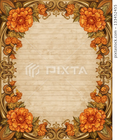Antique marigold flower and gold decorative border frame Antique marigold flower and gold decorative border frame 133452455