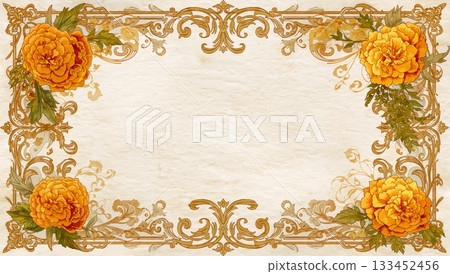 Ornate frame with golden decoration and marigolds Ornate frame with golden decoration and marigolds 133452456
