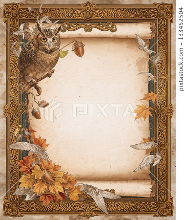 Antique frame with owl and scroll 133452504