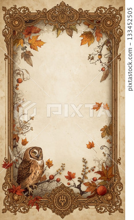Classic decorative frame with owls and autumn leaves 133452505