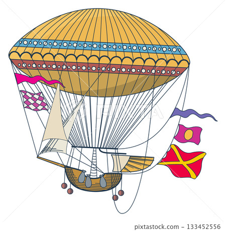 A large yellow balloon with a sail and flags attached to it 133452556
