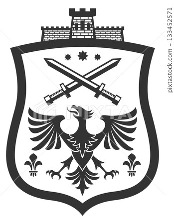 A black and white image of a shield with a bird on it and two swords 133452571