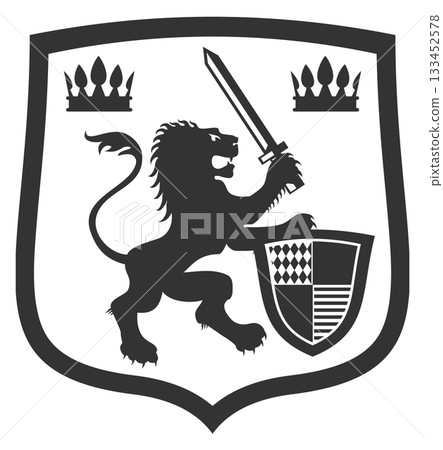 A black and white image of a lion holding a sword A black and white image of a lion holding a sword 133452578