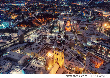 Aerial night View of Tallinn in winter with Alexander Nevsky Cathedral, roofs with snow, Christmas mood Aerial night View of Tallinn in winter with Alexander Nevsky Cathedral, roofs with snow, Christmas mood 133452813