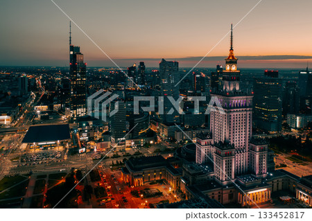 Palace of Science and Culture, Warsaw city center at night 133452817