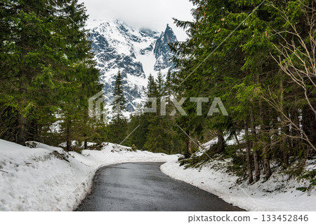 Mountain fir forest and the road near Morskie Oko Lake in Poland at Winter. Tatras mountains Mountain fir forest and the road near Morskie Oko Lake in Poland at Winter. Tatras mountains 133452846