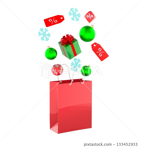 Festive holiday sale concept. Shopping bag with floating Christmas sale elements. 3D rendering Festive holiday sale concept. Shopping bag with floating Christmas sale elements. 3D rendering 133452933