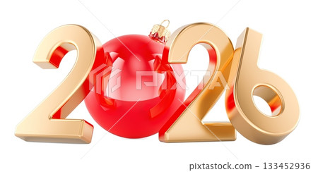 Golden 2026 numbers with red Christmas ornament. 3D rendering Golden 2026 numbers with red Christmas ornament. 3D rendering 133452936