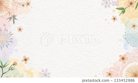 柔和的粉彩梅花、松樹和竹子邊框，新年水彩背景 133452986