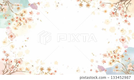 淺綠色和梅花柔和的植物邊框，新年柔和的水彩背景 133452987