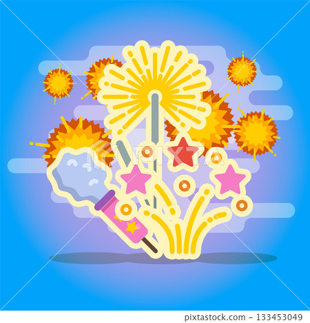 A colorful fireworks display with a firework rocket and a star 133453049