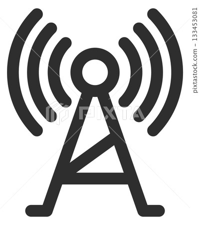 A black and white image of a radio tower with a radio wave symbol 133453081