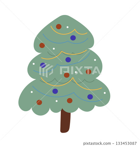 Hand drawn Christmas tree with simple toys on white background. 133453087