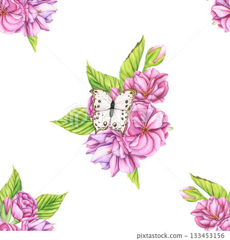 Seamless pattern with flowers and butterflies. Watercolor botanical illustration with pink flowers and butterflies. Pattern with flowers botanical illustration. Wallpaper of flowers for designs Seamless pattern with flowers and butterflies. Watercolor botanical illustration with pink flowers and butterflies. Pattern with flowers botanical illustration. Wallpaper of flowers for designs 133453156