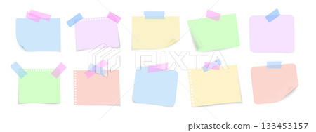 Paper notes with pins and tape. Realistic colored sticky papers with curled corners and notebook sheets. Vector templates for messages, reminders, and office design. 133453157