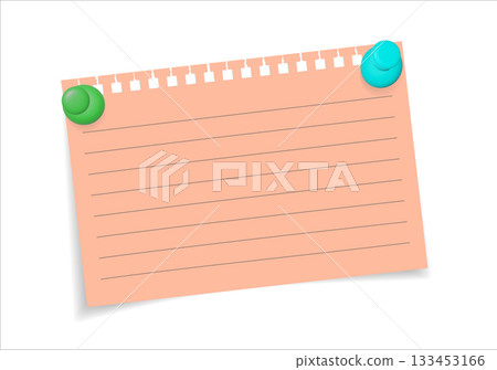 Set of paper notes on pins. Paper stickers, notes on pins. Paper notebook sheets fastened with pins, Vector collection for design. 133453166