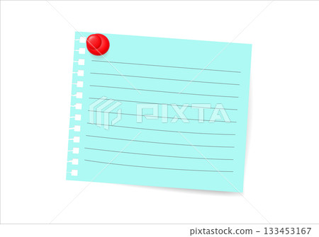 Vector paper sticker with push pin. Clean blank note sheet for message, planner, or business presentation design. Vector paper sticker with push pin. Clean blank note sheet for message, planner, or business presentation design. 133453167