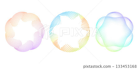 Bright gradient circular halftone dot rings. Colorful concentric motion lines and spiral speed shapes for technology, music and futuristic vector design. Gradient dotted rotation effect. 133453168