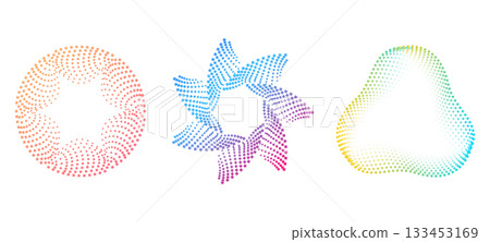 Gradient circular dotted rings. Multicolored speed swirl shapes with concentric halftone motion for digital interface,  and modern vector frame design. 133453169