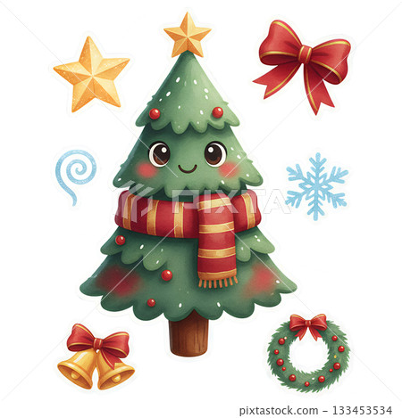 Cute Christmas tree and holiday decorations 133453534