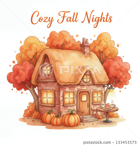 Cozy cottage and pumpkins on an autumn evening 133453573