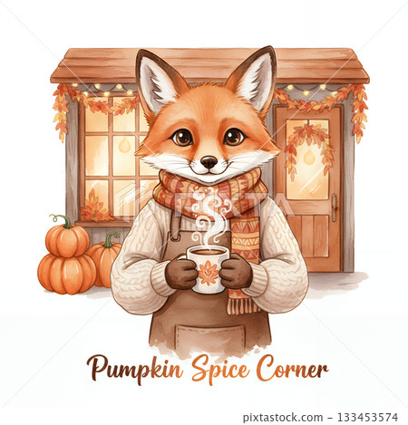南瓜香料狐狸和秋季咖啡館 133453574