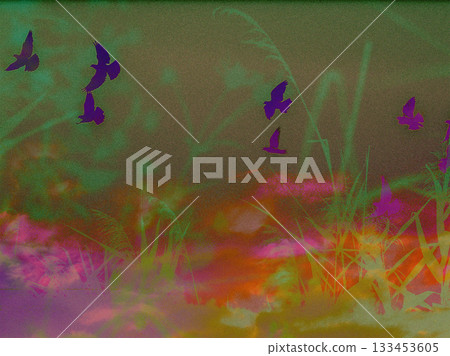 Surreal digital artwork with flying birds in neon colors, abstract nature silhouettes, dreamy landscape and vibrant gradients. Modern fantasy design perfect for prints, covers and creative projects. Surreal digital artwork with flying birds in neon colors, abstract nature silhouettes, dreamy landscape and vibrant gradients. Modern fantasy design perfect for prints, covers and creative projects. 133453605