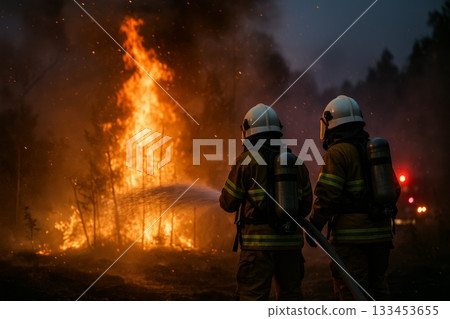 Two firefighters in gear spray water at a roaring forest blaze at dusk. Concept of emergency response, bravery, climate risk. For news article about wildfire safety Two firefighters in gear spray water at a roaring forest blaze at dusk. Concept of emergency response, bravery, climate risk. For news article about wildfire safety 133453655