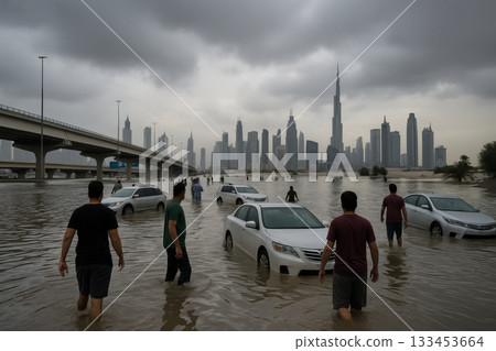 People wade through floodwater among stranded cars below a dark skyline with a needlelike tower. Concept of urban flood, extreme weather, fragile infrastructure. For news article about urban flooding People wade through floodwater among stranded cars below a dark skyline with a needlelike tower. Concept of urban flood, extreme weather, fragile infrastructure. For news article about urban flooding 133453664