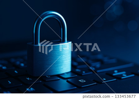 Metal padlock rests on a keyboard in cool blue light, symbolizing blocked access. Concept of data safety and privacy. For blog post about secure login 133453677