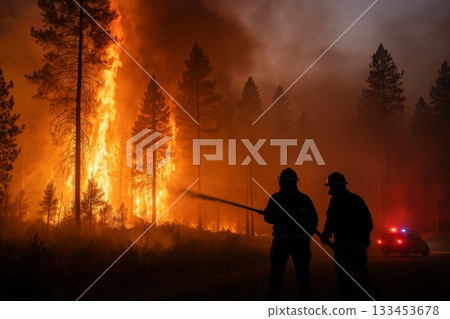Two firefighters battle intense flames in a forest as dusk falls, with a firetruck nearby. Concept of courage, danger, and disaster response. For emergency service awareness. Two firefighters battle intense flames in a forest as dusk falls, with a firetruck nearby. Concept of courage, danger, and disaster response. For emergency service awareness. 133453678