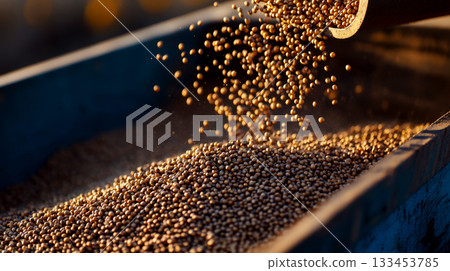 Golden soybeans pour from a pipe into a container under the warm light. Concept agriculture, harvest, abundance, productivity. Golden soybeans pour from a pipe into a container under the warm light. Concept agriculture, harvest, abundance, productivity. 133453785