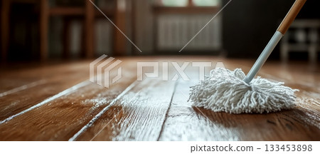 A mop is cleaning a wooden floor with sunlight streaming through a window. Concept of cleanliness and household chores. 133453898