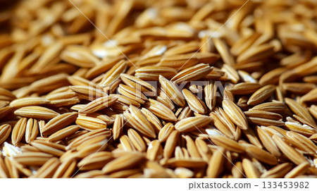 A pile of brown grains is shown close-up, filling the frame. Concept of agriculture and harvest. A pile of brown grains is shown close-up, filling the frame. Concept of agriculture and harvest. 133453982