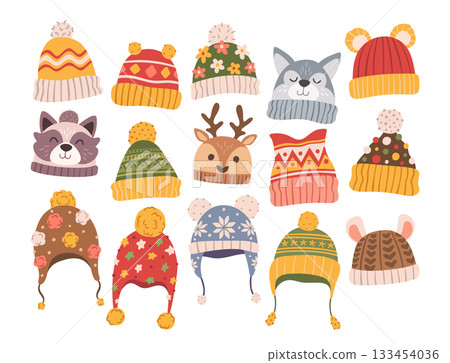 Cute fluffy winter hats made from warm knitted textile with charming childish design isolated set 133454036