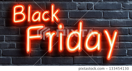 Black Friday neon sign on a dark brick wall glowing brightly. Concept highlights shopping event. For sale announcement 133454130