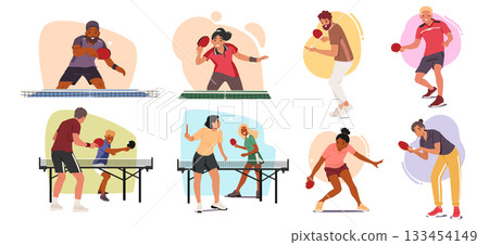 Diverse people characters playing ping pong enjoying table tennis sport competition scene set Diverse people characters playing ping pong enjoying table tennis sport competition scene set 133454149